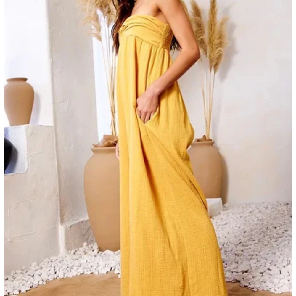 NEW The Bucketlist wide-leg strapless twisted bust gauze jumpsuit Yellow - Picture 2 of 4